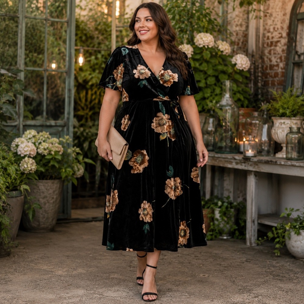 June & Hudson Black Floral Velvet Wrap Midi Dress XL Short Sleeve